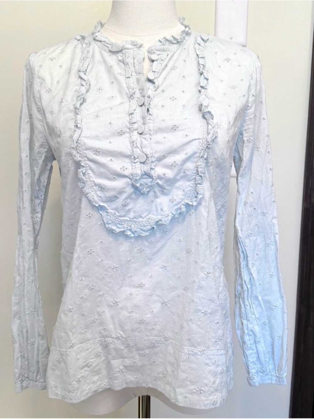 J. Crew Light Blue Eyelet Ruffle Peasant Blouse Embroidered Floral - Women